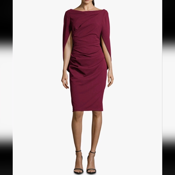 Betsy & Adam Dresses & Skirts - BETSY & ADAM Cape Sleeve Draped Sheath  Dress Burgundy Size US 2 Petite RP$199